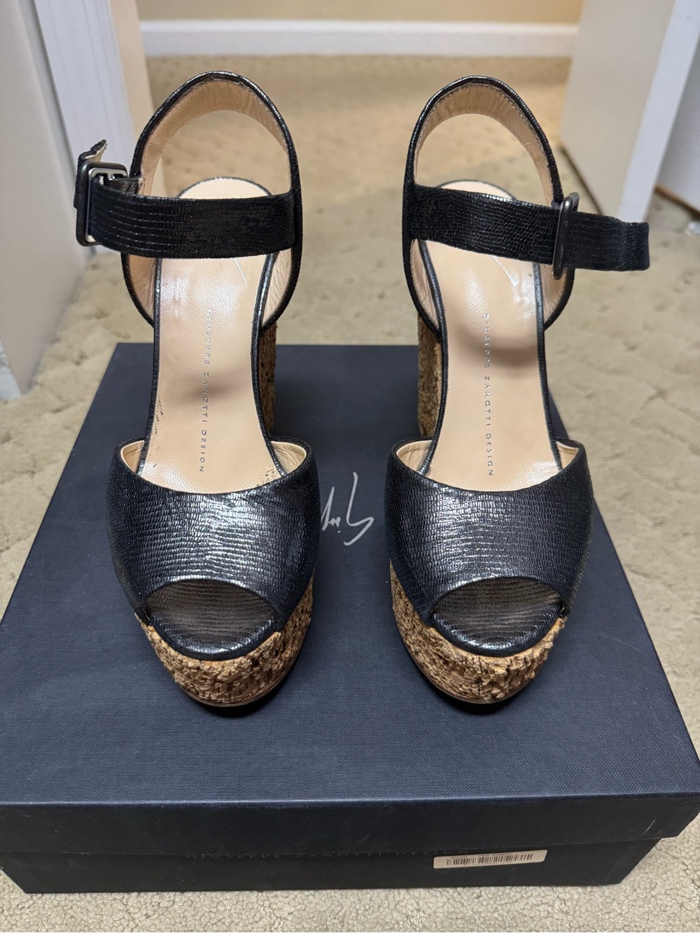 Giuseppe Zanotti dark green metallic Leather Cork Wedge Sandals